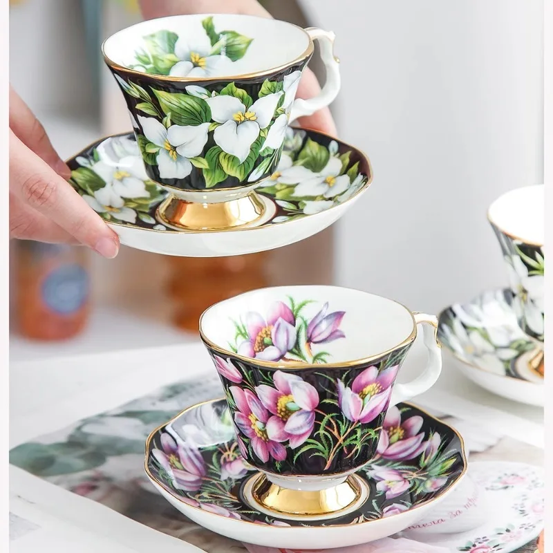 

European Style Black Coffee Cups and Plates Creative Home Bone China Gold Edged Ceramic Cups and Plates Afternoon Tea Coffee Cup