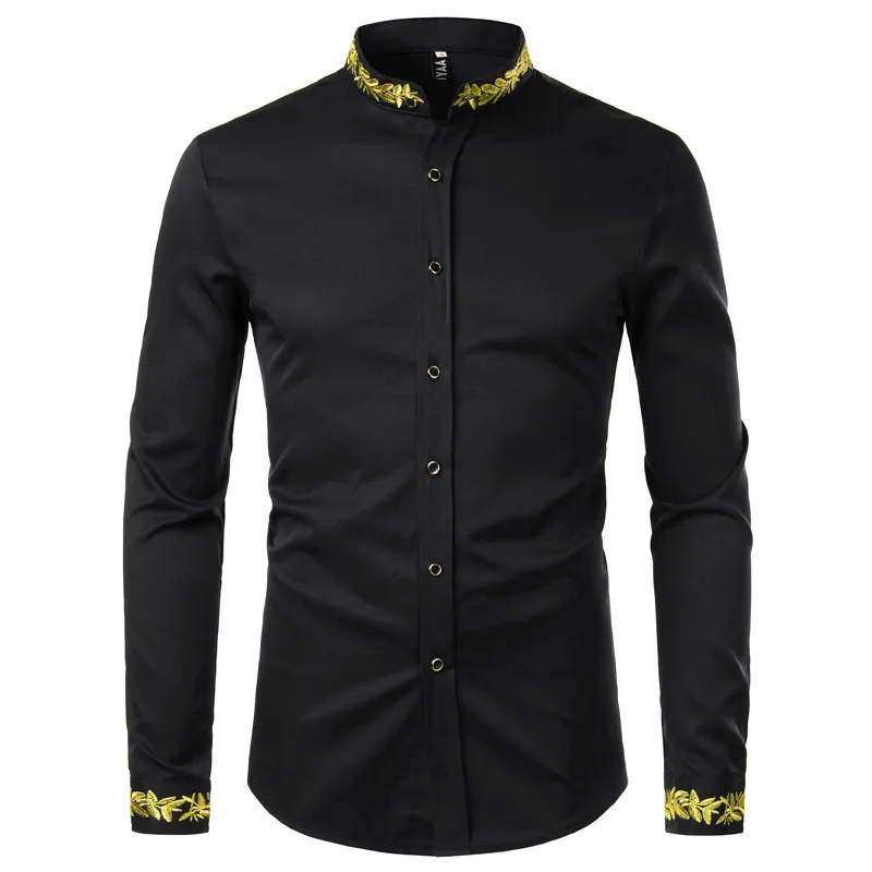 Gold Embroidery White Shirt Men Brand New Stand Collar Mens Dress Shirts Casual Slim Long Sleeve Chemise Homme Camisa Masculina