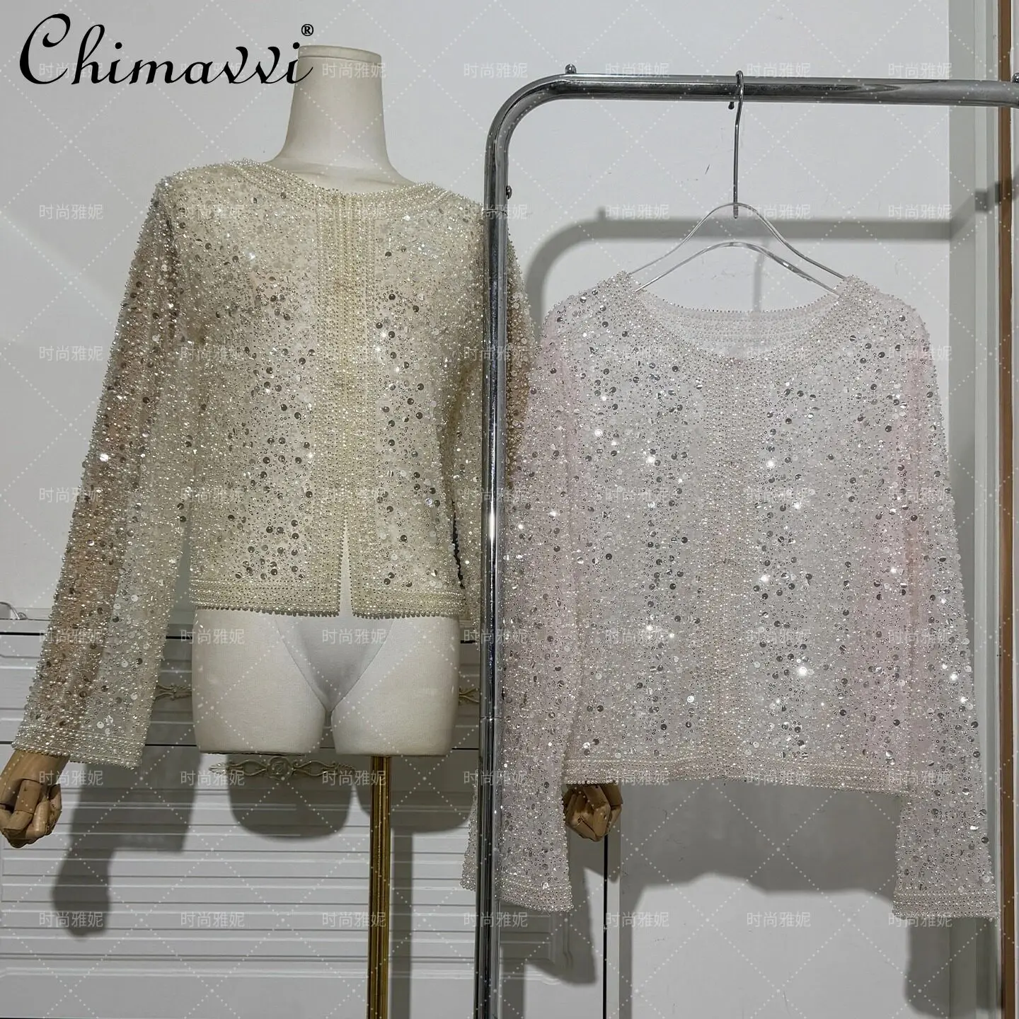 

Fashion Romantic Lace Heavy Sequin Beading Long Sleeves Cardigan Tops Women's Spring Summer New Women's Elegant Silm Pearl Coat