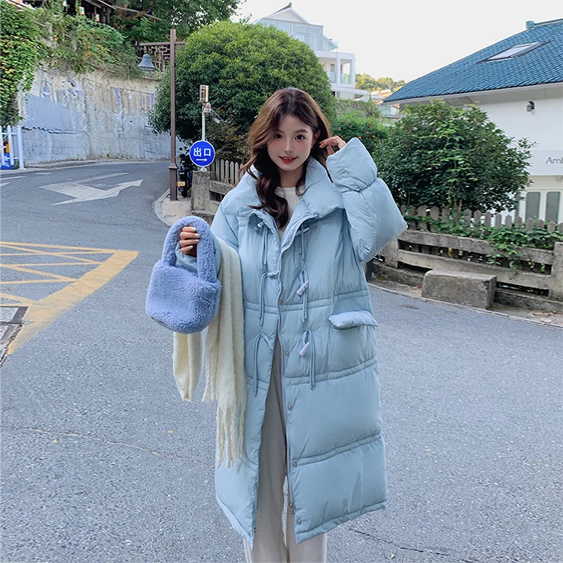 Korea Long Parkas Jacket Women's Loose Thick Warm Down Cotton Coats Horn Button Students Windproof Snow Overcoat 2024 Winter New