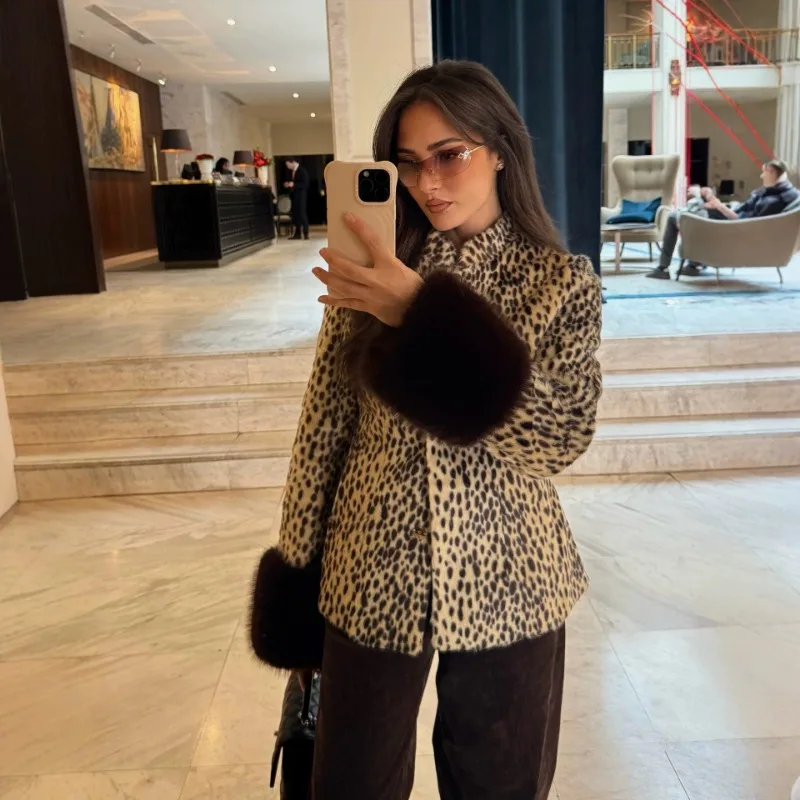 Women Faux Fur Jacket Bambi Deer Spot Pattern Stand Collar Jacket Coat Slim Single Breasted Coat Vintage Autumn Winter Outerwear