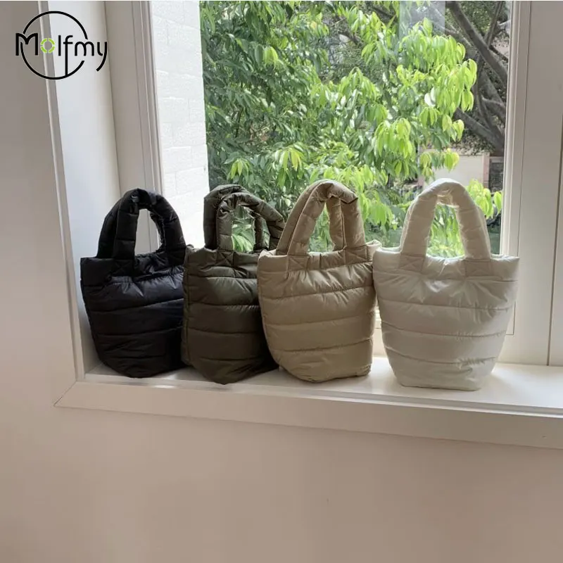 Puffer sacola feminina acolchoado espaço algodão para baixo pena grande capacidade bolsa de compras de inverno nuvem acolchoada sacolas bolsas topo