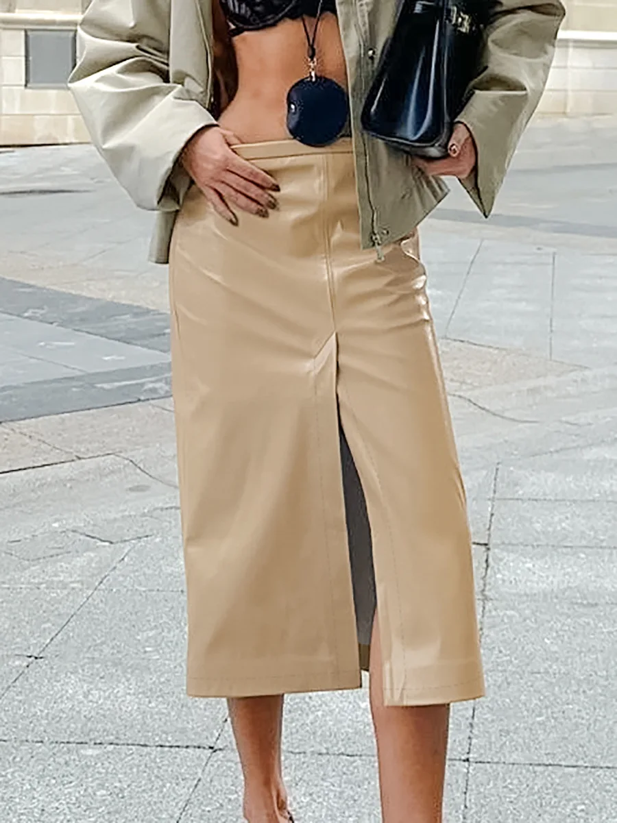 

Khaki PU Split Skirt Women Faux Leather Straight Warm All-Match Office Ladies Skirts Autumn Winter 2024 Ruched Skirt