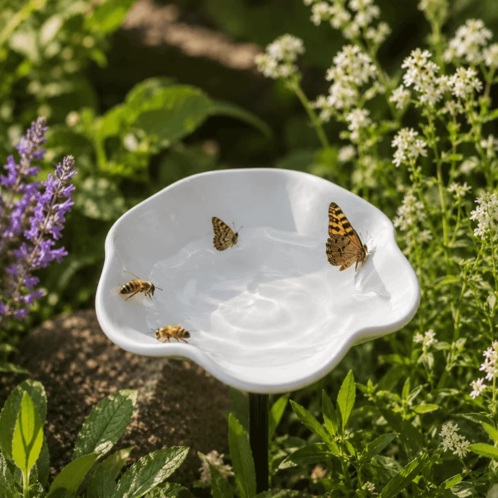 Ceramic Bee Butterfly Water Feeder Watering Station Decoration Bird Bath Stake Ground Insert Creative Bird Feeder Tray