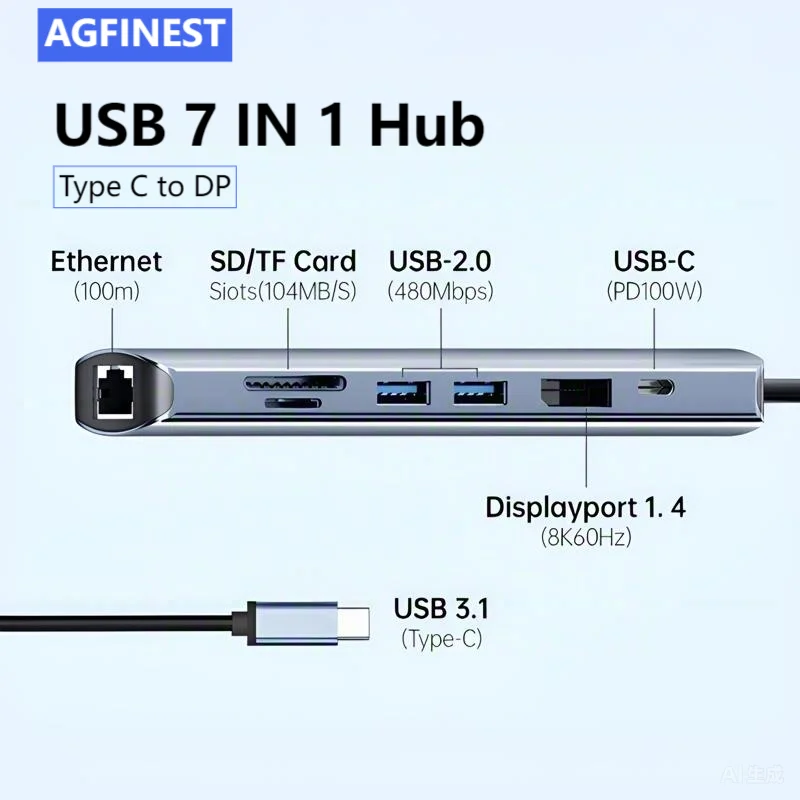 

USB HUB 7-In-1 USB to DP Adapter 8K60Hz Docking Station PD100W Charging Ethernet RJ45 SD/TF Multiport Adapter for Laptop MacBook