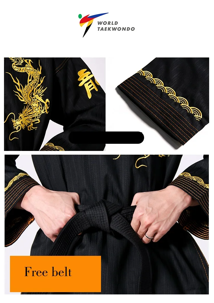 High Quality Taekwondo Uniform Black WT Dobok Tae Kwon Do MMA Martial Arts Karate Suits Embroidered Dragon Pattern