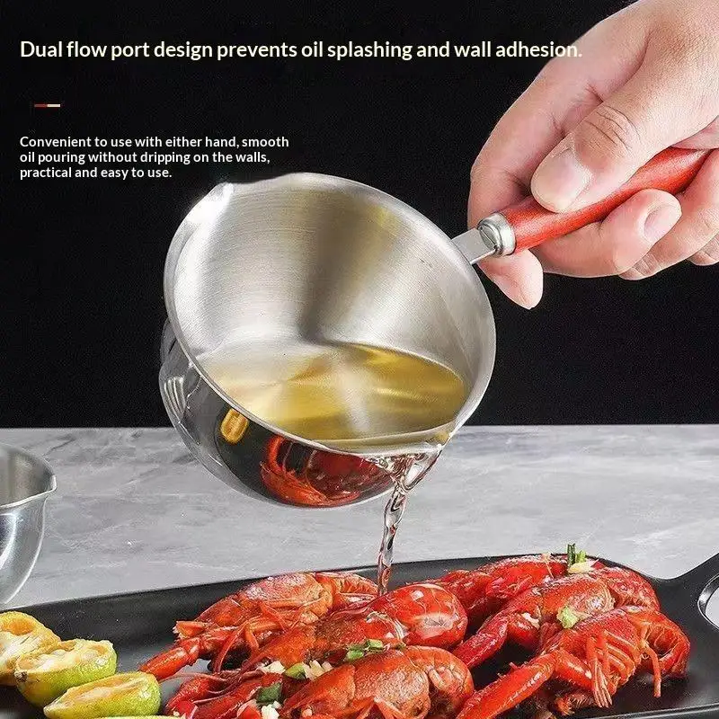 Stainless Steel Small Sauce Pan With Heat Resistant Wooden Handle Dual Pour Spouts For Kitchen Heating Oil Making Sauces