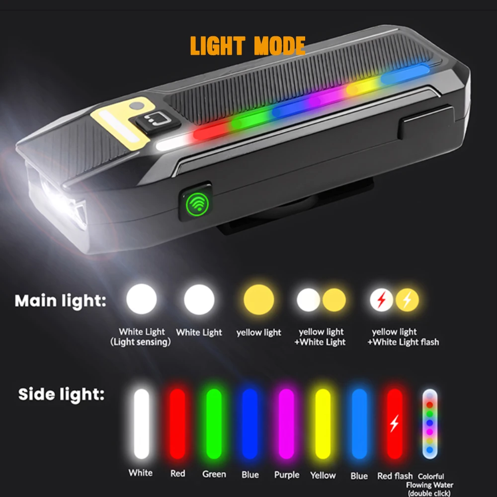 Amanfire Q07L Bicycle Light LED+RGB Rechargeable Bright Flashlight Control Horn Mini Portable Outdoor Work Light