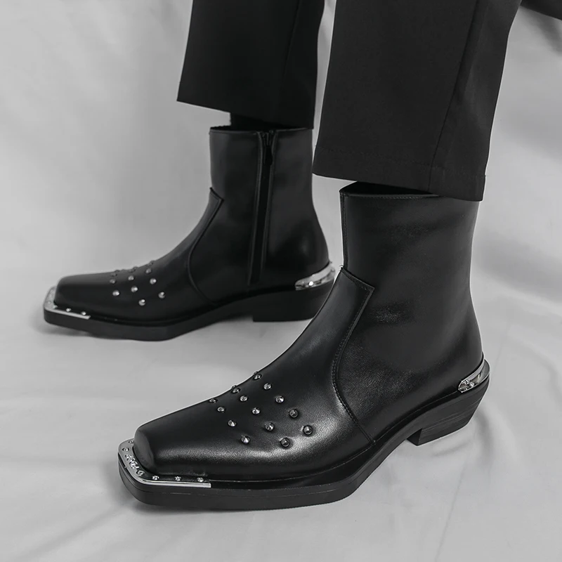 Men's High Top Waterproof New Outdoor Use Plus Size High Top Windproof Black Shoes Square Toe Shoes Versatile Street Photography