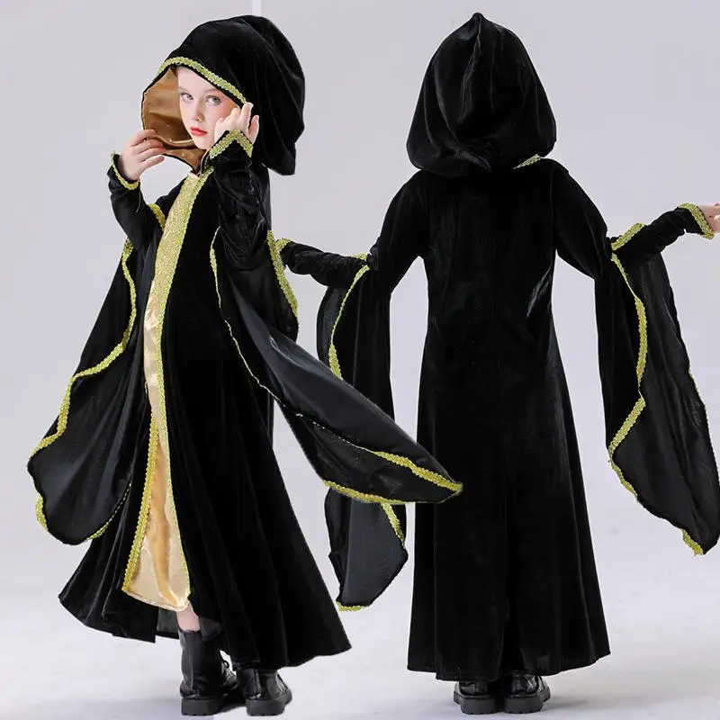 

Halloween Children's Medieval Court Dress Black Gown with Gold Trim Queen Costume for Music Drama Performance Girls Outfit