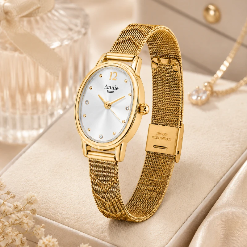 Top Brand Oval Crystal Dial Women Watch Luxury Stainless Steel Mesh Band Elegant Fashion Ladies Quartz Wristwatch Reloj Mujer