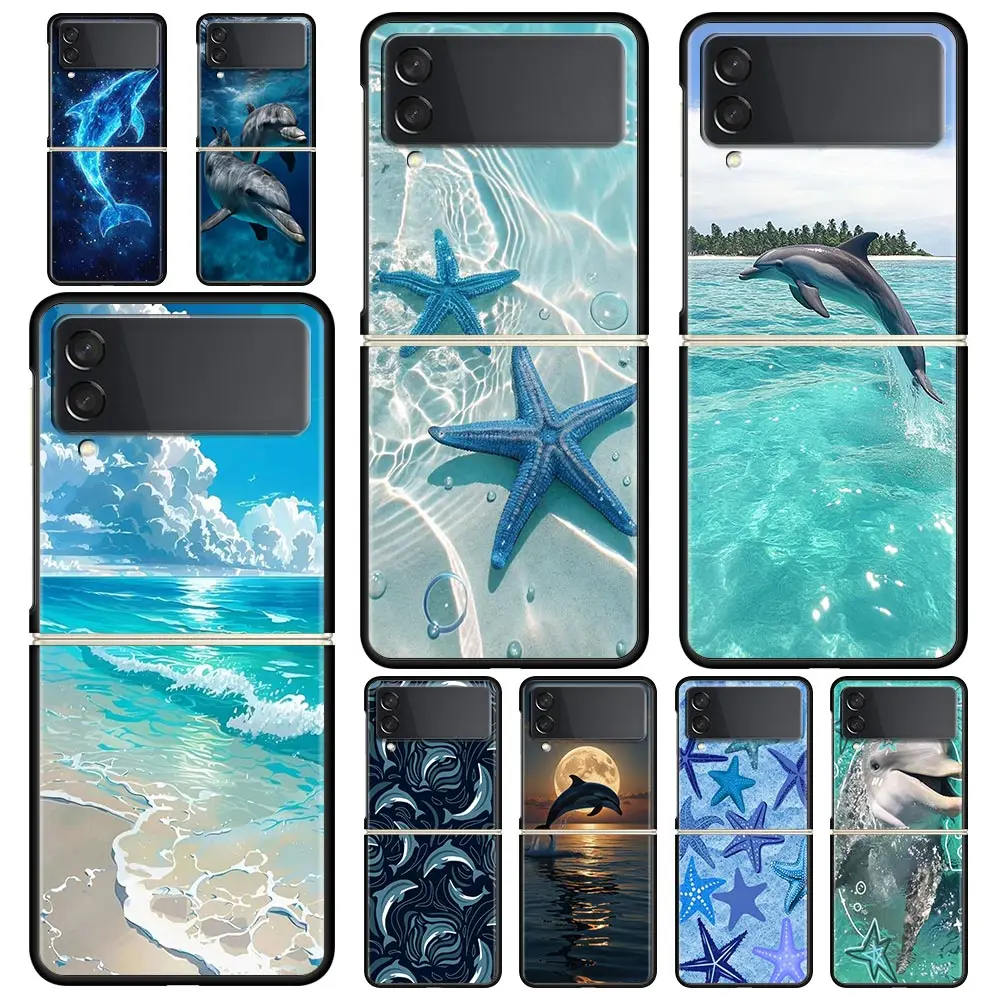 Phone Case for Samsung Galaxy Z Flip 3 4 5 6 7 Folding Black Shell For Samsung Z Flip4 Flip5 PC Hard Cover Ocean Dolphin