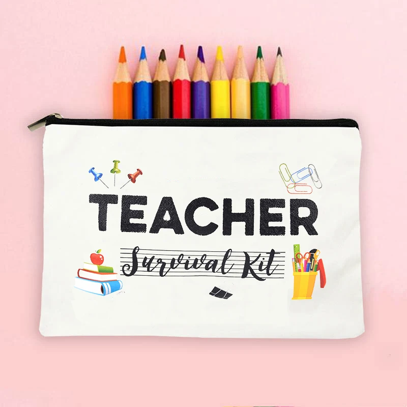 Teacher Survival Kit Pattern Makeup Bag Best Teacher Ever Floral Women Cosmetic Case Gift for Teacher Back To School Pencil Case