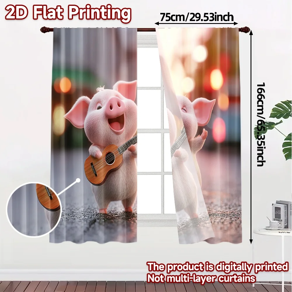 2pcs, 2D FLAT PRINTING Curtains (Without Rod) Piggy Duet Popular Window Curtain Durable Polyester Curtains Gifts for Bedroom &