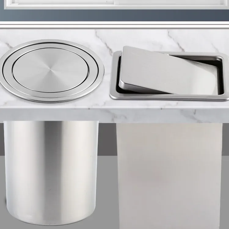 Countertop recessed stainless steel trash can flap rocking cover pop cover decorate kitchen bathroom brushed square