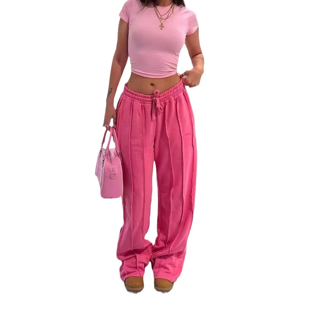 Women Pants Mid Waist Drawstring Trousers Wide Leg Pant Office Lady Elegant Loose Slight Strech Capris Summer Y2k Streetwear