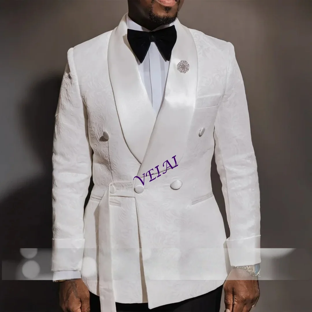 

Men's Jacquard Suit 2-piece Set White Satin Shawal Lapel Jacket Black Pants Tailor Fit for Wedding Prom Cocktail BirthCustomized
