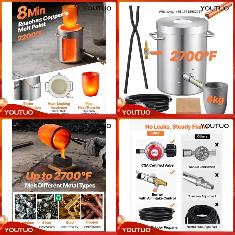6KG/8KG Propane Melting Furnace Kit Large Capacity Foundry Home Kilns Blacksmithing ge with Crucible Tongs  Metal