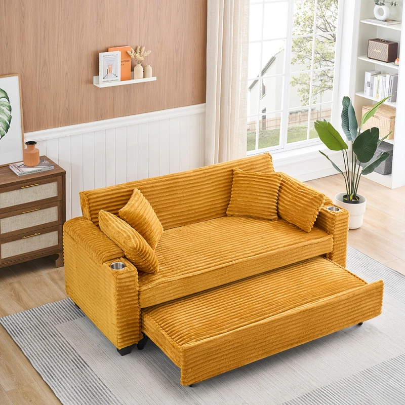80 inch Orange corduroy multifunctional expandable sofa bed with cup holder suitable for living room apartment bedroom