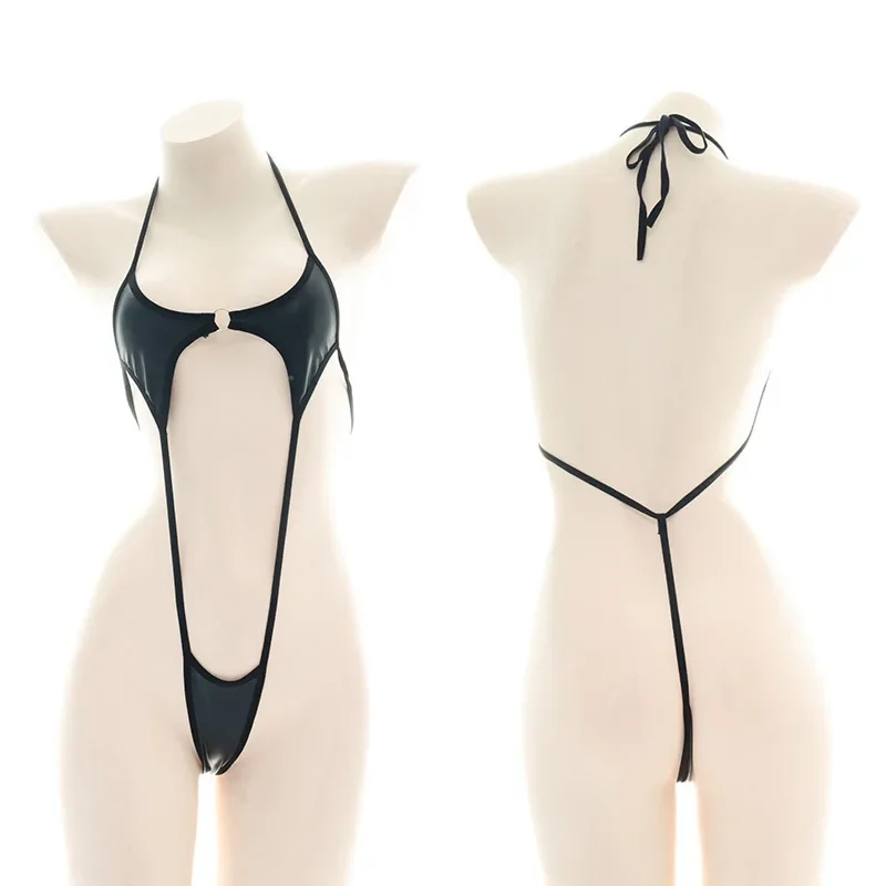 

Sexy Jumpsuit Bandage Patent Leather Bikini Straps Bandage Bodysuit Beach Girl One-piece Bikini Costume Women Pajamas Lingerie