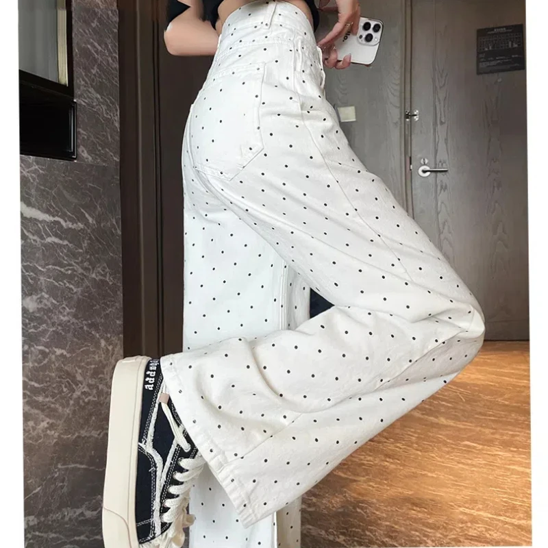 2024 Summer New Fashion Casual Women's High-waisted Button Zipper Polka Dot Printed Pockets Loose Straight Denim Wide Leg Pants