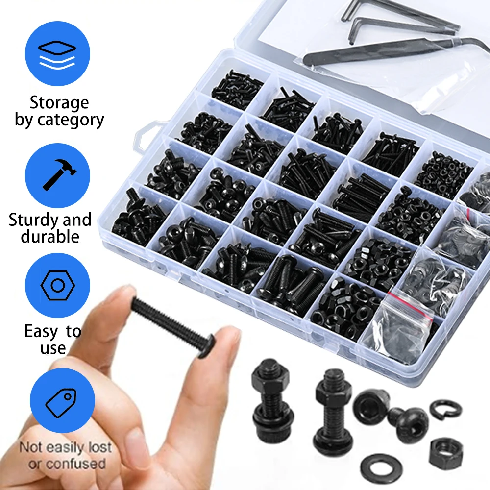 

1625Pcs M2 M3 M4 M5 Black Metric Screw Nut Set with Tightening Washers Pliers Hex Wrench Set for Various Furniture Appliances