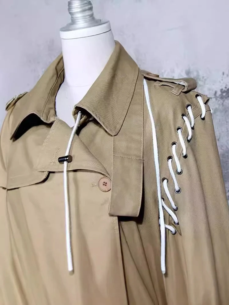 [EAM] Women Khaki Bandage Big Size Long Elegant Trench New Lapel Long Sleeve Windbreaker Fashion Tide Spring Autumn 2024 7AB4739