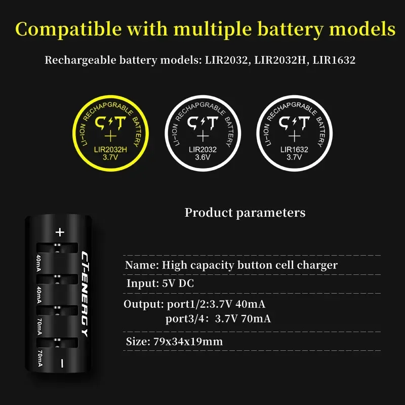 4slot Portable USB High-capacity Button Battery Smart Fast Charge Compatible with LIR2032/2025/2016 ML2032 LIR2032H Multi-Type
