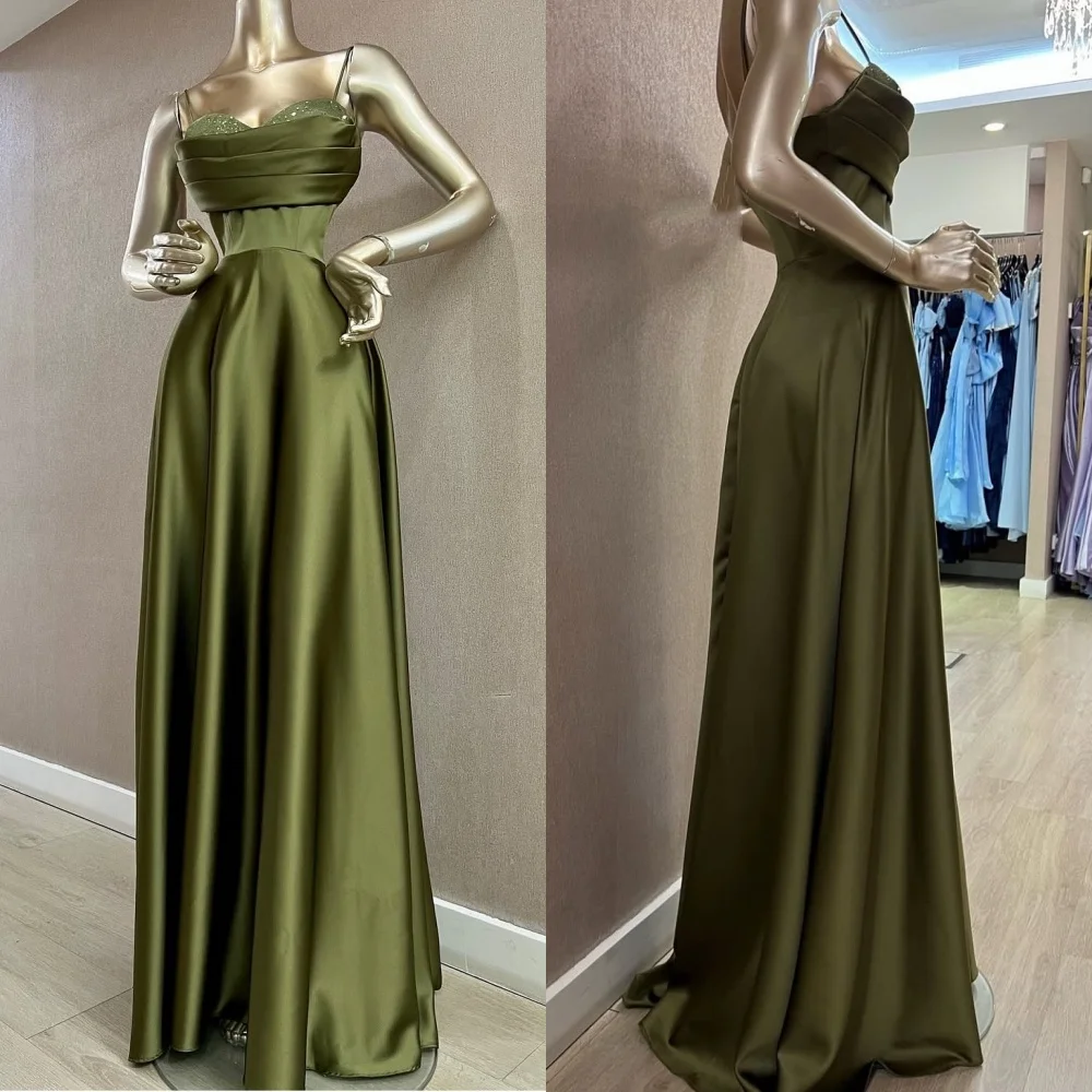 

Customized High Quality Classic Charmeuse Sequined Pleat Straight Spaghetti strap Long Dresses Bespoke Occasion Dresses Elegant