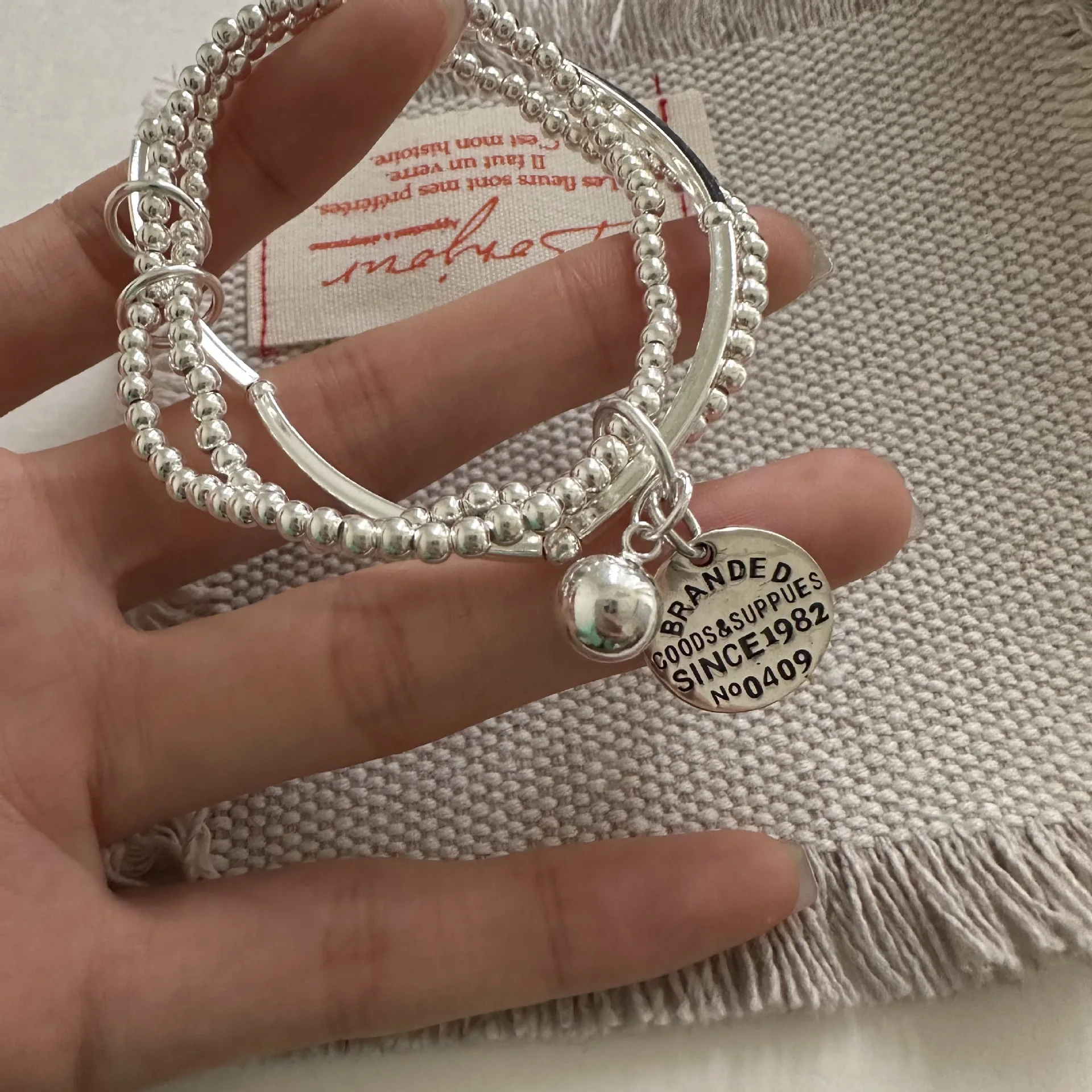 925 Sterling Silver Multi-layer Bead Letter Coin Bracelet Women's Handmade Bungee Cord Design Three-layer Silver Bead Bracelet