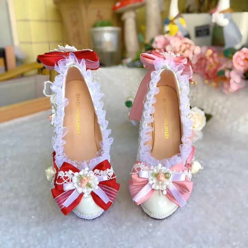 Original Lolita Handmade High Heels Shoes Women Gorgeous Flower Lace Bow Round Head Ancient Style Hanfu Mary Jane Bride Shoes
