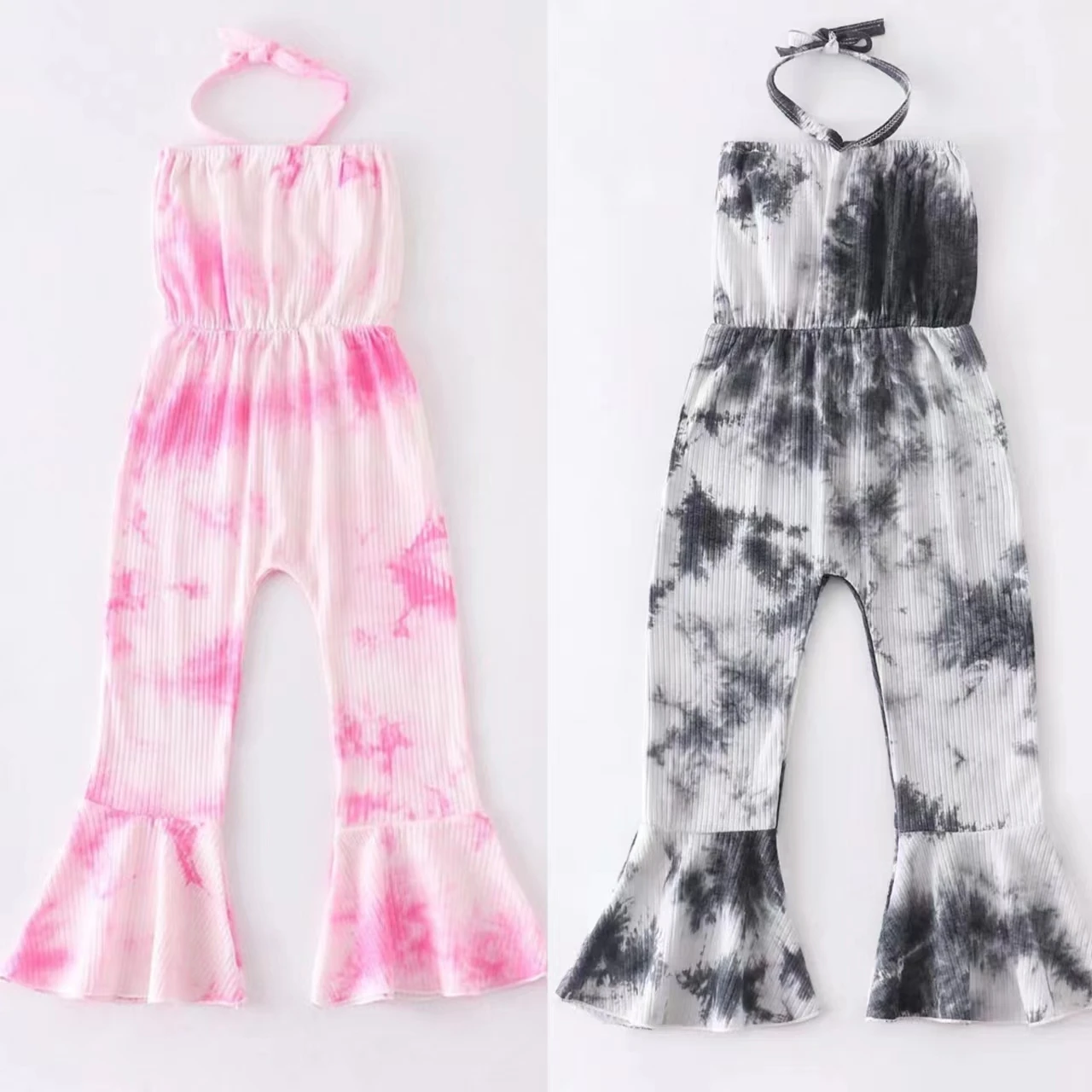 

Wholesale Cotton Tie Dye Ribbed Overalls Toddler Children Halter One-piece Tunic Nack Jumpsuit Baby Girl Breathable Kids Pants