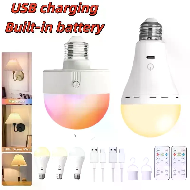1 Set Rechargeable Smart Dimmable E27 Bulbs With Timing Cordless Battery Operated Light Bulb RGB/3 Color USB Led Lamp Bulb
