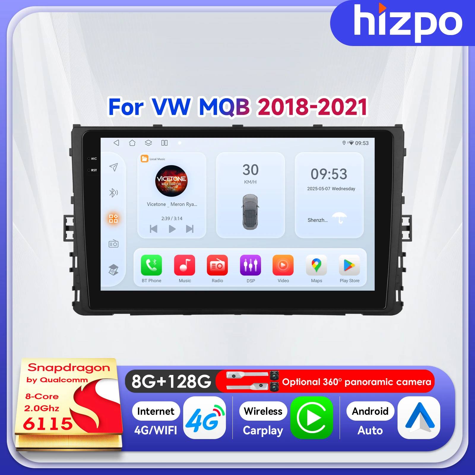 

Hizpo 9" Smart Monitor 2 DIN Navigation For VW Volkswagen MQB Polo Plus/T-Cross/Zoals T-Kruis/T- Roc QLED Screen Player 8+128G