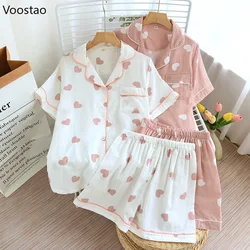 Summer Women Cute Pajamas 2 Piece Set 100% Cotton Short Sleeve Heart Print Pajamas Homewear Ladies Pajamas Suit Women Sleepwear