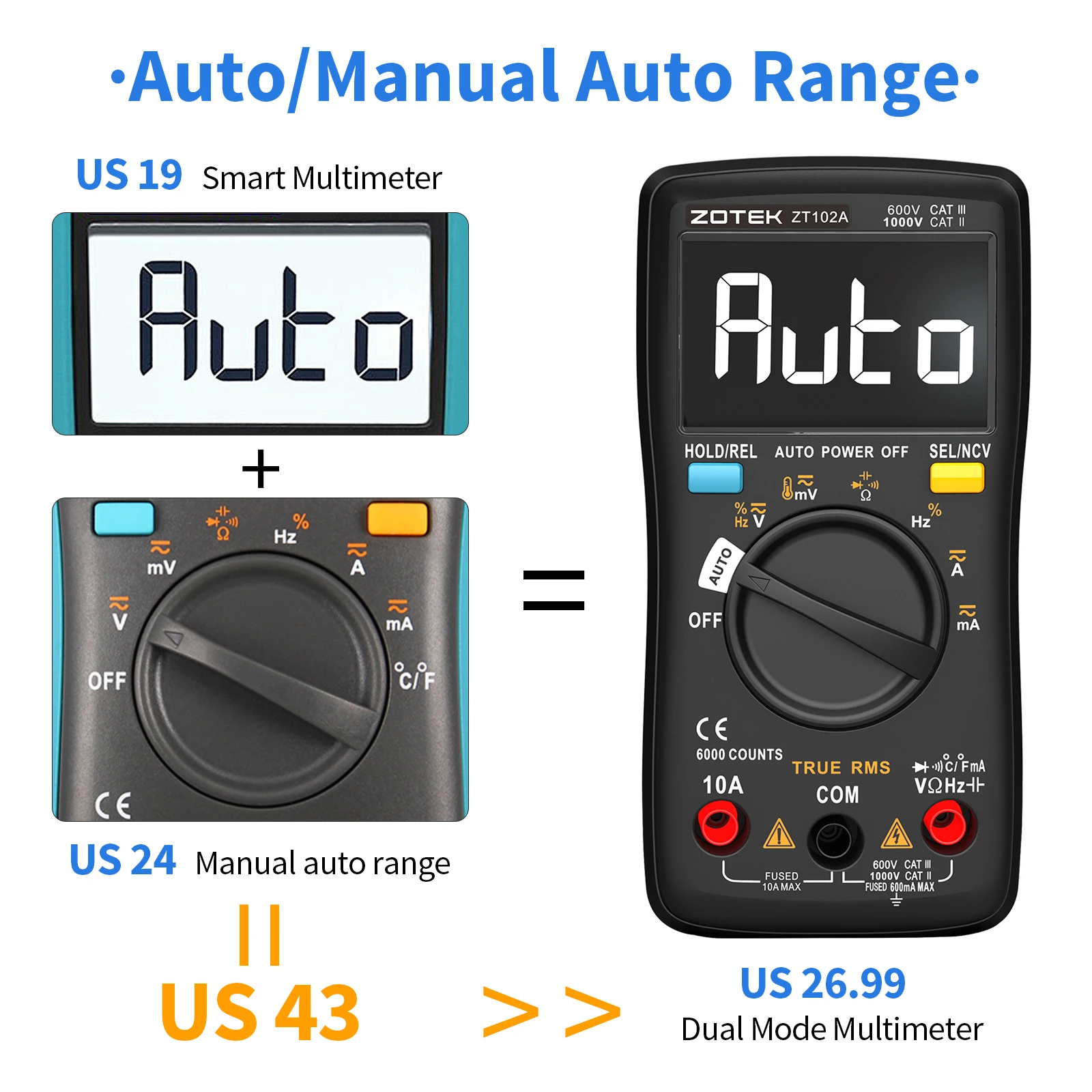 ZOTEK&ZOYI ZT-102A Digital multimeter auto ranging Multimeter Smart+Automatic Range 6000 Counts multimeter diode