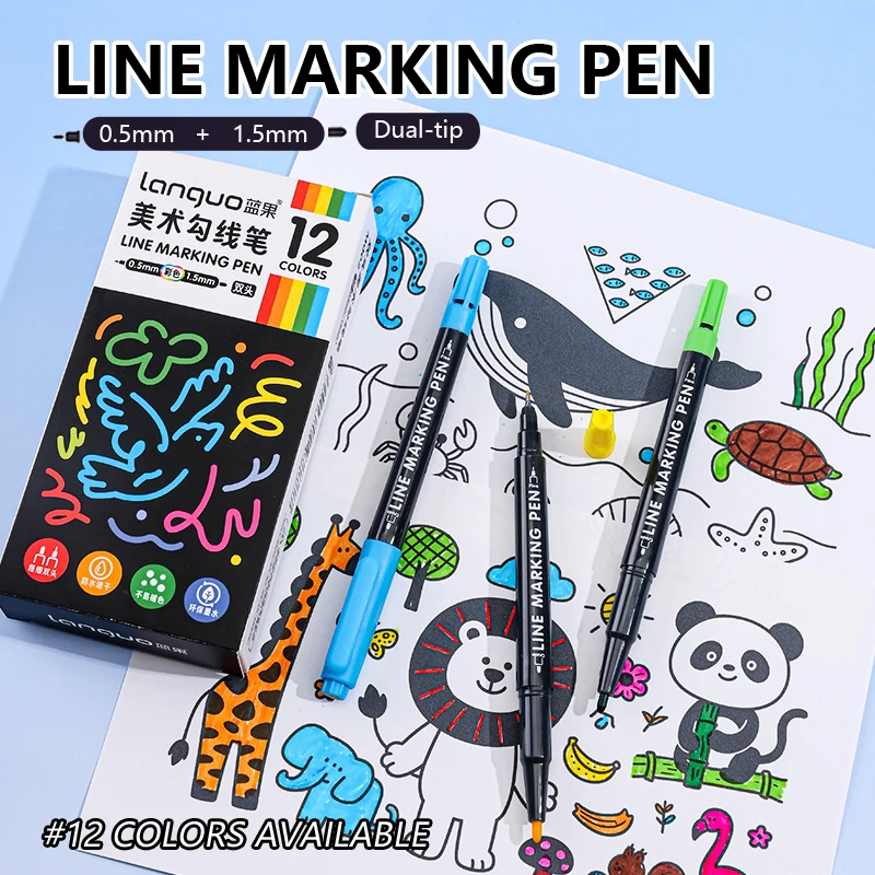 

12 Colors/Box Dual-Tip Line Marking Pen 0.5mm & 1.5mm Colored Drawing Marker Pens for Painting Diary Noting Stationery