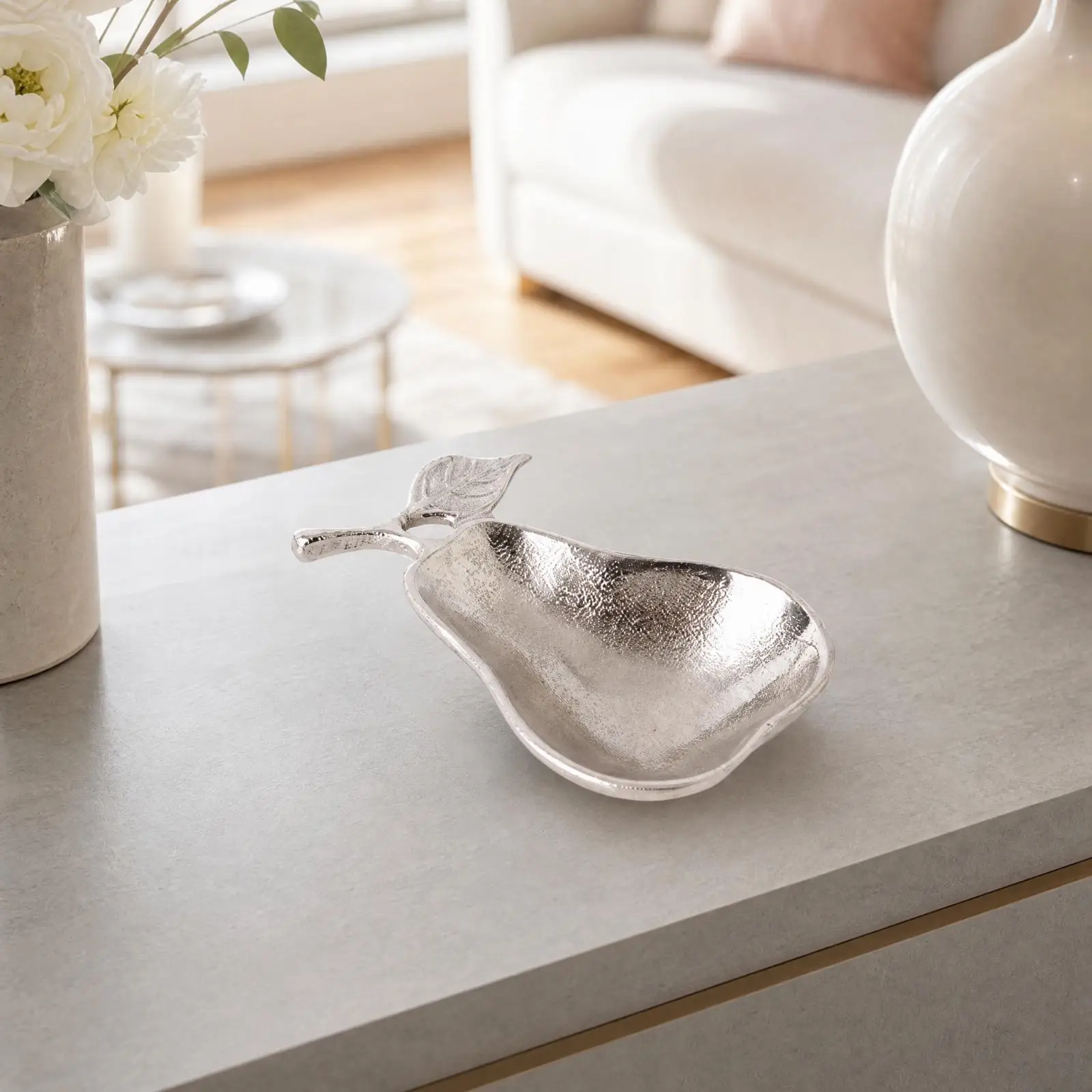Aluminum Decorative Storage Dish for Desk Organizer Shiny Fruit Stem Design Modern Tabletop Catchall Tray