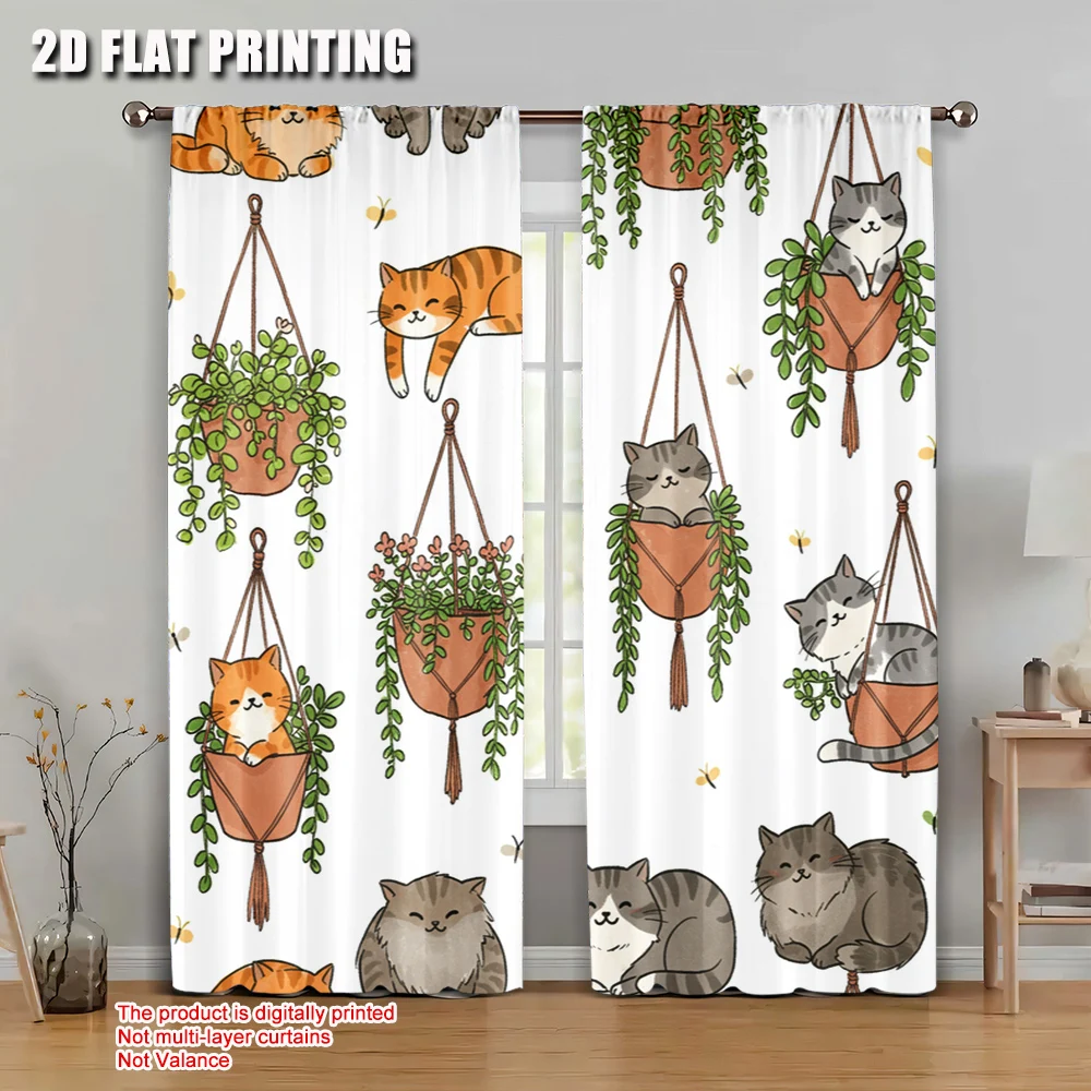 

2pcs 2D flat printing Scene Curtains Cats Hanging Plants Versatile Polyester Fabric Without Electricity Holiday Decorations