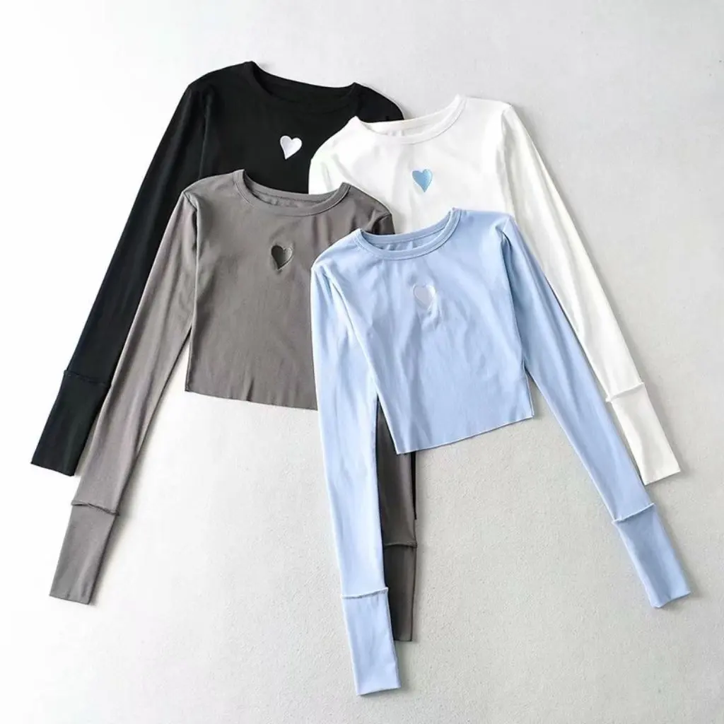 

YPFF Women's Slim-fit Long-sleeved T-shirt European American Style Chest Love Embroidery Stretch Base Shirt Navel-exposed