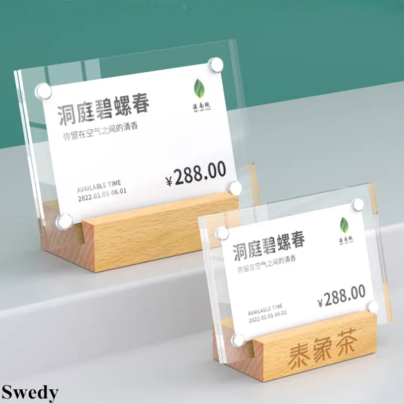 90x60mm L Shape Wood Base Mini Acrylic Sign Holders Display Stand Small Magnetic Products Name Price Label Paper Card Holder