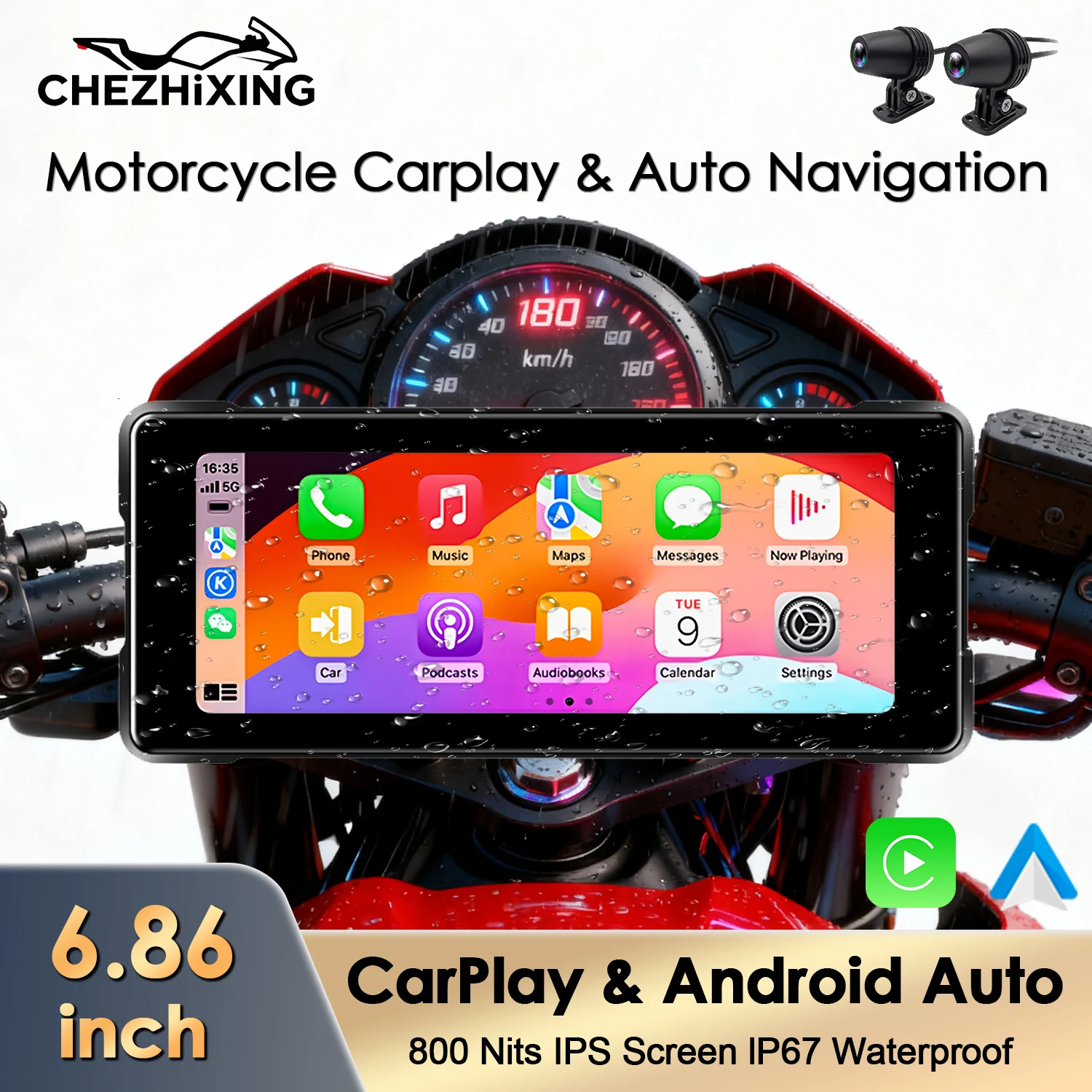 Chezhixing motorcycle carplay 6.86 inch portable screen ip67 waterproof wireless carplay android automatic navigation motorcycle