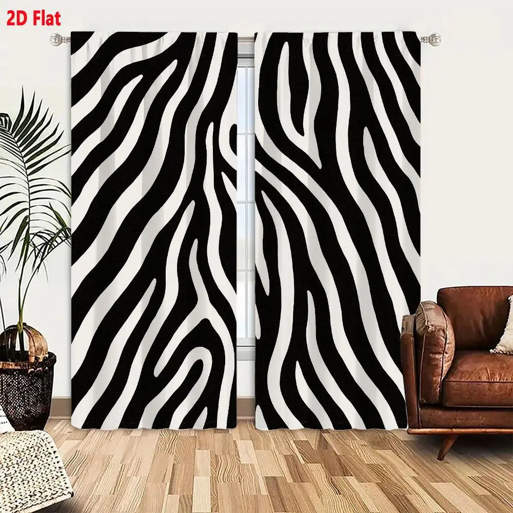 2Pcs Curtains 2D Flat Black And White Zebra Fur Pattern Wavy Stripes Dynamic Flowing Design Background Repeat Pattern Window Dra