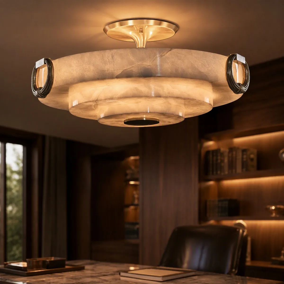Vintage Luxury 2026 Alabaster Marble Ceiling Lamp Tiered Stone Shade Brass Ring Flush Mount Light for Living Room Bedroom