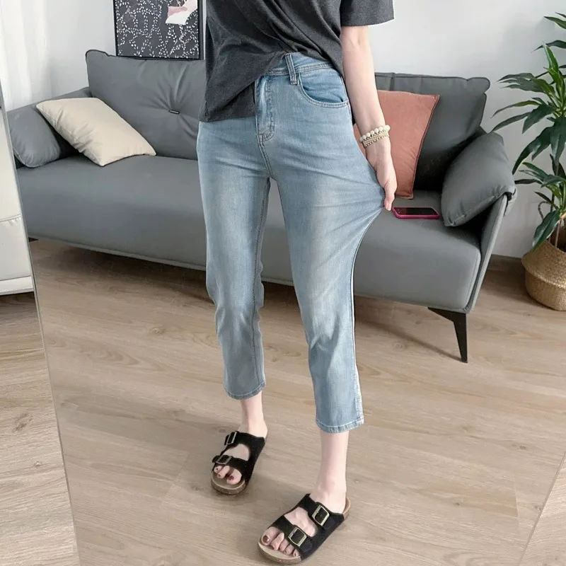 

High Waist Slim Fit Straight Leg Jeans Women's Light Color Elastic Slit Nine Point ing Pants Summer Cotton Stretch Denim