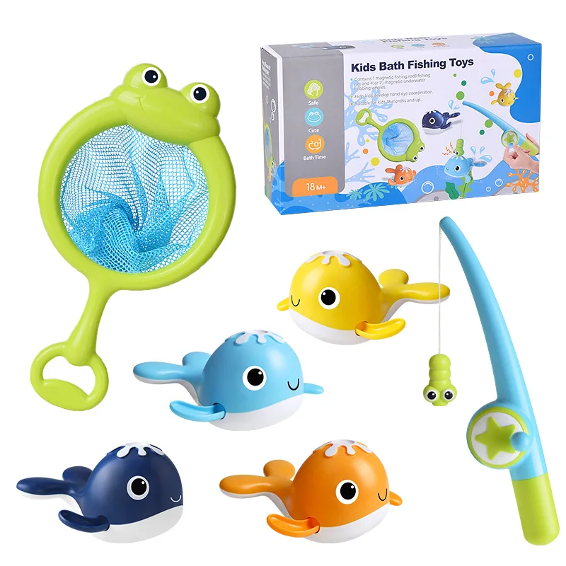 Brinquedos de Pesca Magnéticos para Banho de Bebê, Baleias de Banho com Corda para Enrolar, Jogo de Pesca com Vara e Rede, Presentes de Aniversário e Natal para Crianças