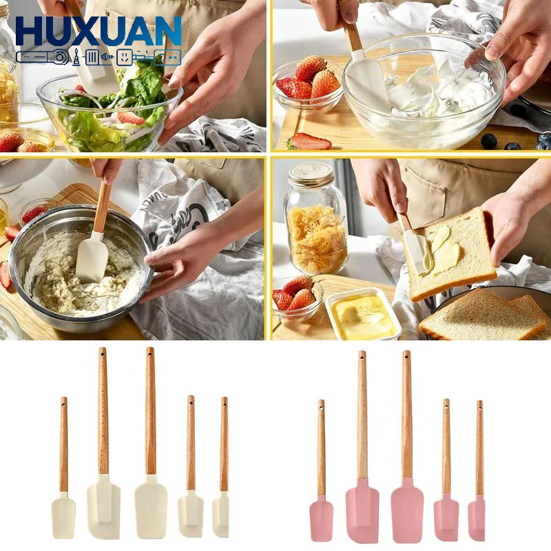 Kitchen Baking Blender - 【新商品】5個入りクリームケーキ用シリコンスパチュラ 木製ハンドル付き ベーキングペストリースクレーパー ブレンダー ノンスティック キッチンデザートベーキングスパチュラセット