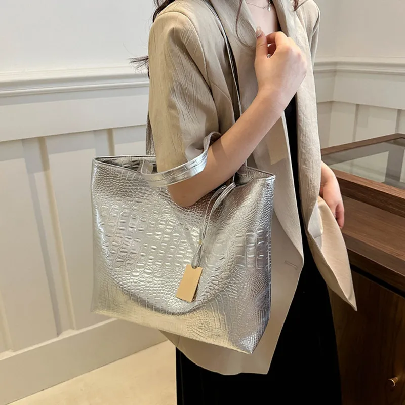 Fashion Casual Women Shoulder Bags Silver Gold Black Crocodile Handbag PU Leather Female Big Tote Bag Ladies Hand Bags Sac