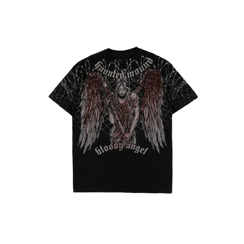 Affliction Washed T-shirt Retro Pattern Print Unisex Sweatshirt Gothic High Street Hip Hop Streetwear Washed Cotton Short Sleeve