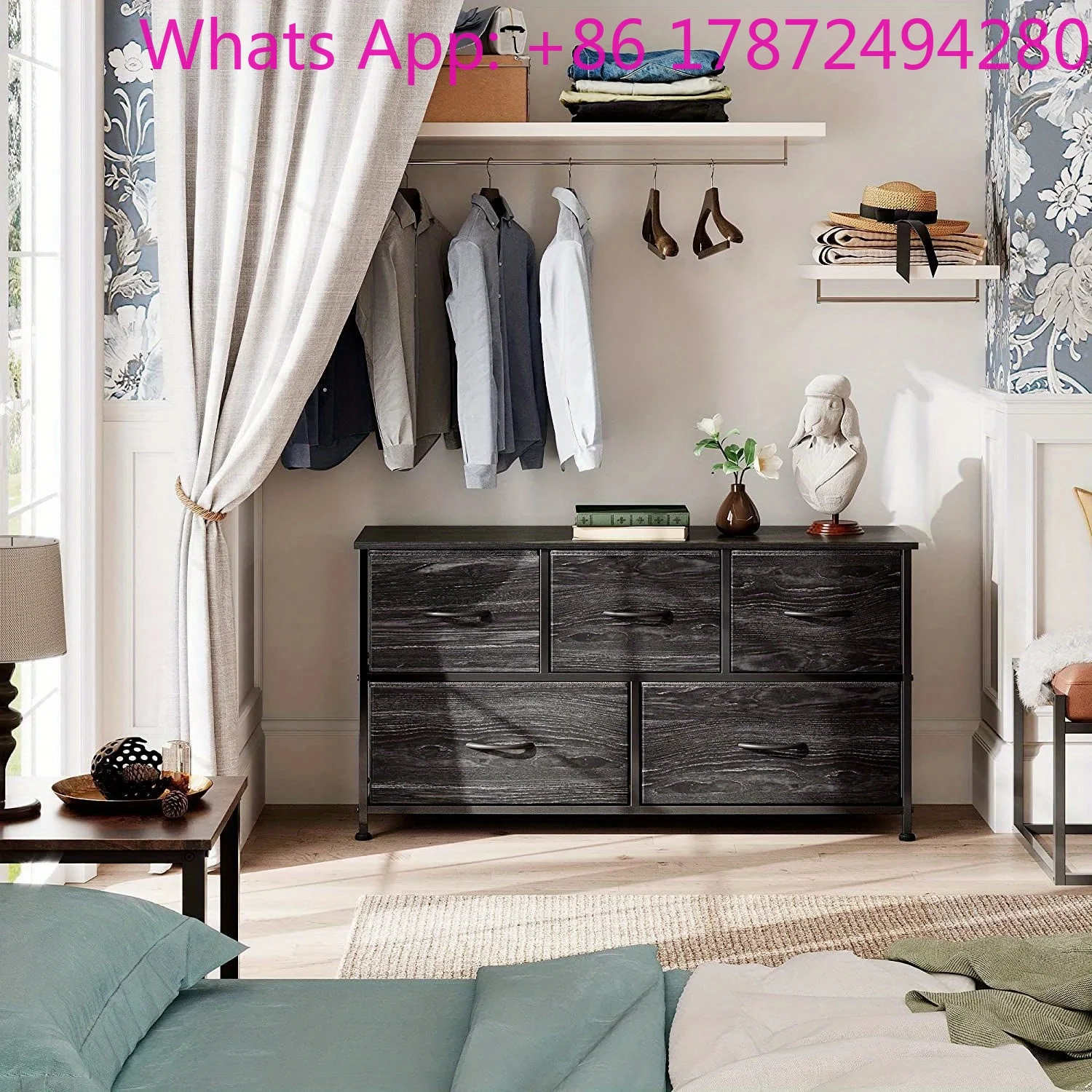 Clothes-drawer Closet for Living Room Bedroom & Entryway, Metal Frame + Wood Board，Drawer Storage Cabinet with 5 Drawers